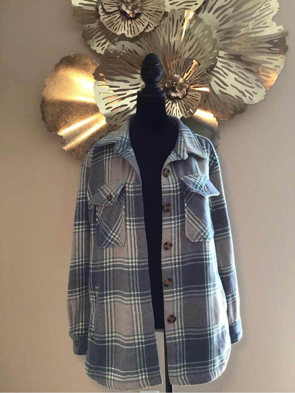 MEMBER’S MARK Plaid Button-Front Shacket in Blue/Gray, Size S